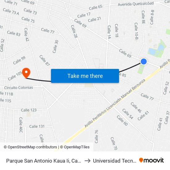 Parque San Antonio Kaua Ii, Calle 69 Por 66 Y 36, San Antonio Kaua I to Universidad Tecnológica Metropolitana map