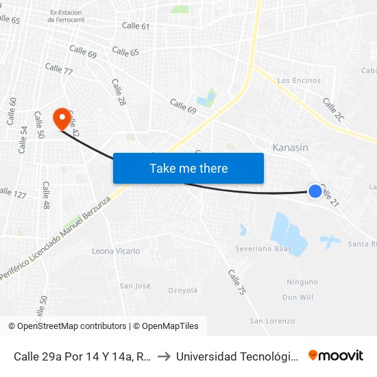 Calle 29a Por 14 Y 14a, Rinconada Kanasín to Universidad Tecnológica Metropolitana map