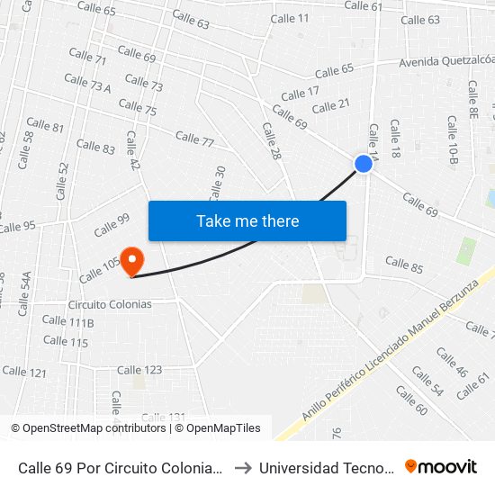 Calle 69 Por Circuito Colonias Y Calle 16, Colonia Miraflores to Universidad Tecnológica Metropolitana map