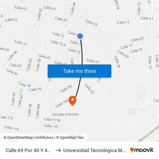 Calle 69 Por 40 Y 42. Centro. to Universidad Tecnológica Metropolitana map