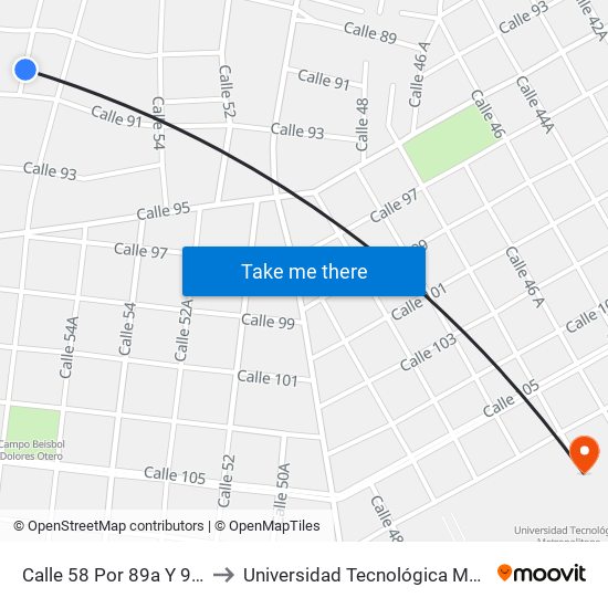 Calle 58 Por 89a Y 91, Centro to Universidad Tecnológica Metropolitana map