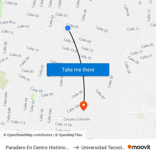 Paradero En Centro Histórico, Calle 54 Por 65 Y 67, Centro to Universidad Tecnológica Metropolitana map