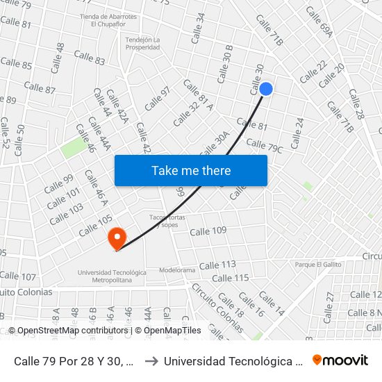 Calle 79 Por 28 Y 30, Vicente Solís to Universidad Tecnológica Metropolitana map