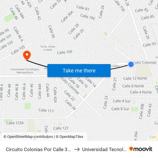 Circuito Colonias Por Calle 33 Y 35, Salvador Alvarado Sur to Universidad Tecnológica Metropolitana map