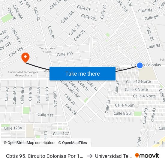 Cbtis 95. Circuito Colonias Por 18 Poniente Y 5 Sur, Colonia Salvador Alvarado Sur to Universidad Tecnológica Metropolitana map