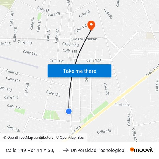 Calle 149 Por 44 Y 50, Cinco Colonias to Universidad Tecnológica Metropolitana map