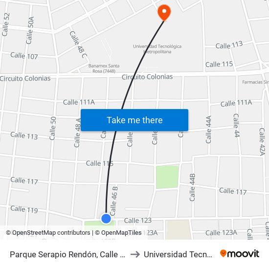 Parque Serapio Rendón, Calle 119 Por 48 Y 46d, Cinco Colonias to Universidad Tecnológica Metropolitana map