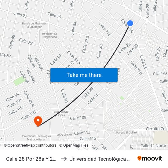 Calle 28 Por 28a Y 26a, Azcorra to Universidad Tecnológica Metropolitana map