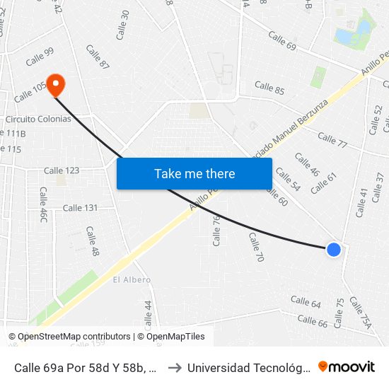 Calle 69a Por 58d Y 58b, Santa Isabel, Kanasín to Universidad Tecnológica Metropolitana map