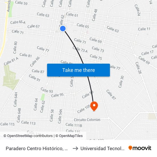 Paradero Centro Histórico, Calle 67 Por 62 Y 60, Centro to Universidad Tecnológica Metropolitana map