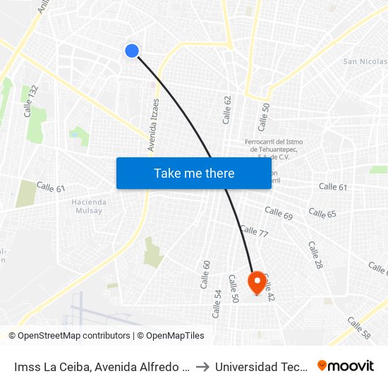 Imss La Ceiba, Avenida Alfredo Barrera Vazquez Por 38 Y 40, Pensiones to Universidad Tecnológica Metropolitana map