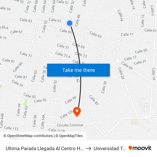 Ultima Parada Llegada Al Centro Histórico, Calle 61 Por Avenida Primero De Mayo Y 48, Centro to Universidad Tecnológica Metropolitana map