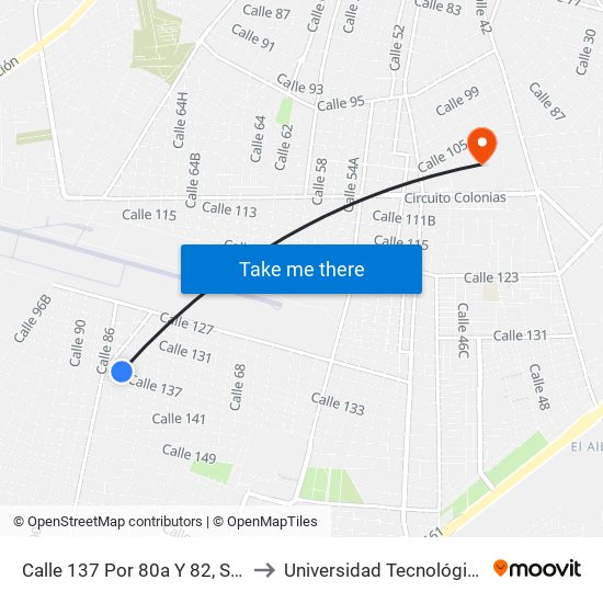 Calle 137 Por 80a Y 82, San Antonio Xluch II to Universidad Tecnológica Metropolitana map