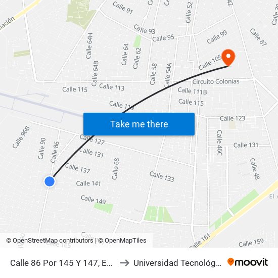 Calle 86 Por 145 Y 147, Emiliano Zapata Sur L. to Universidad Tecnológica Metropolitana map