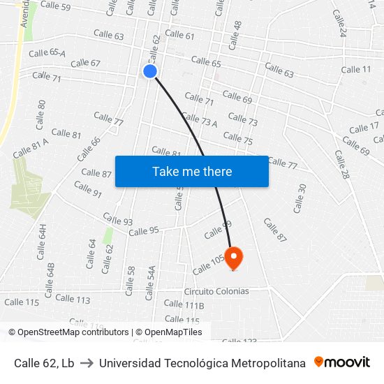 Calle 62, Lb to Universidad Tecnológica Metropolitana map