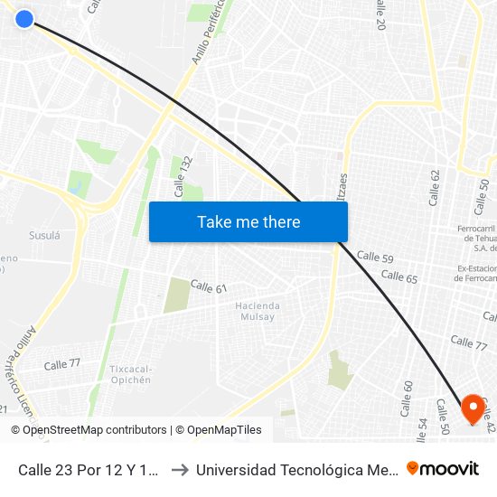 Calle 23 Por 12 Y 10, Caucel to Universidad Tecnológica Metropolitana map