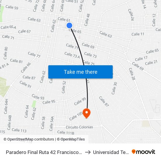 Paradero Final Ruta 42 Francisco Villa Oriente- Centro, Calle- 63 Por 56 Y 54 Centro to Universidad Tecnológica Metropolitana map