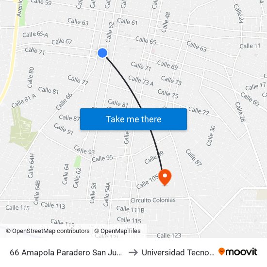 66 Amapola Paradero San Juan, Calle 69a Por 62 Y 64, Centro to Universidad Tecnológica Metropolitana map