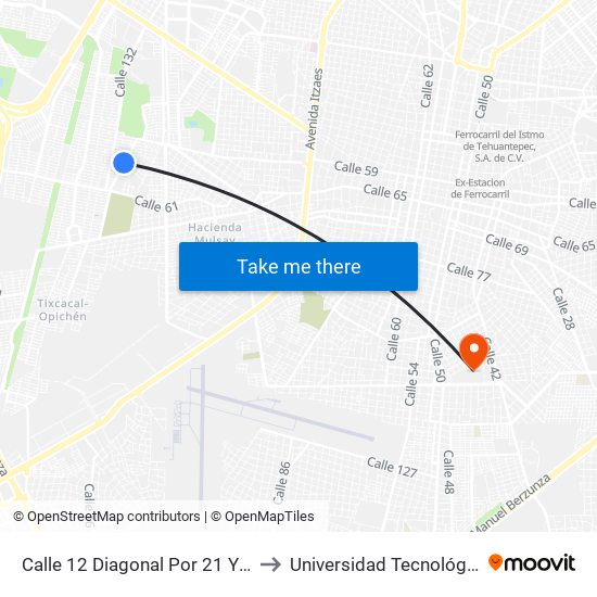 Calle 12 Diagonal Por 21 Y 23, Mulsay Poligono to Universidad Tecnológica Metropolitana map