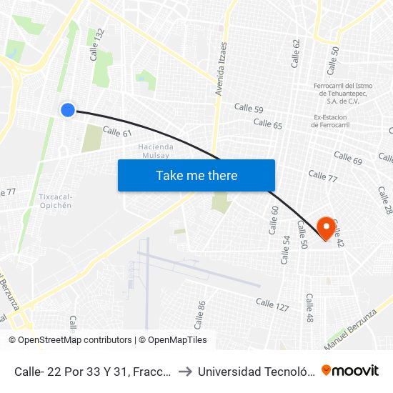 Calle- 22 Por 33 Y 31, Fraccionamiento Juan Pablo Ii. to Universidad Tecnológica Metropolitana map