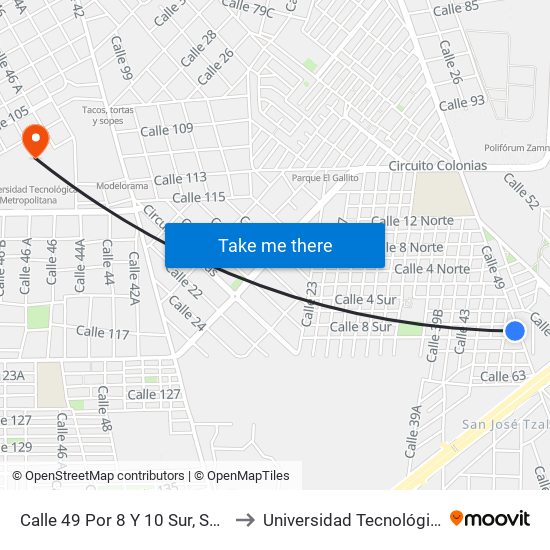 Calle 49 Por 8 Y 10 Sur, Salvador Alvarado Sur to Universidad Tecnológica Metropolitana map