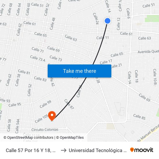 Calle 57 Por 16 Y 18, Chuminópolis to Universidad Tecnológica Metropolitana map