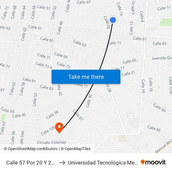 Calle 57 Por 20 Y 22, Centro to Universidad Tecnológica Metropolitana map