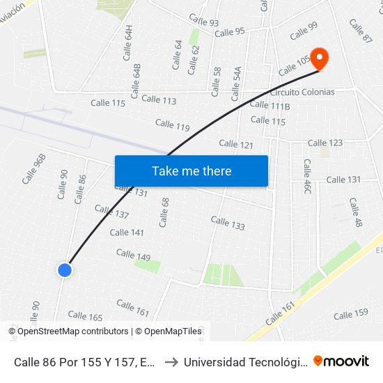 Calle 86 Por 155 Y 157, Emiliano Zapata Sur II to Universidad Tecnológica Metropolitana map