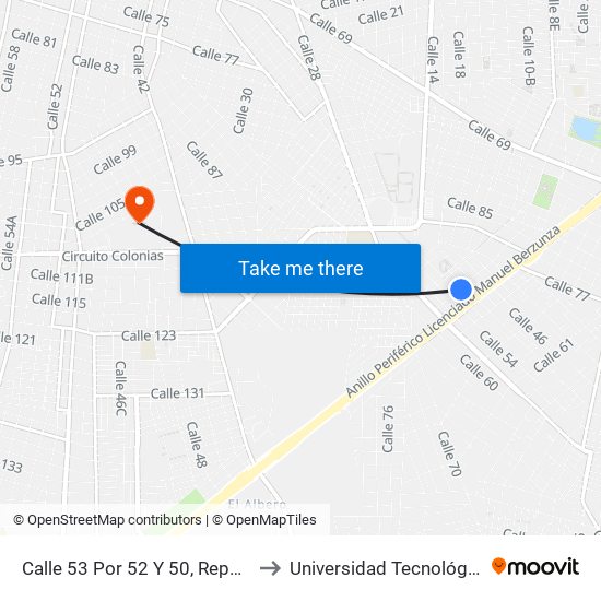 Calle 53 Por 52 Y 50, Reparto Granjas, Kanasín to Universidad Tecnológica Metropolitana map