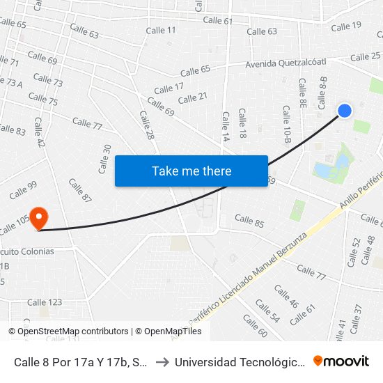 Calle 8 Por 17a Y 17b, San Antonio Kaua to Universidad Tecnológica Metropolitana map