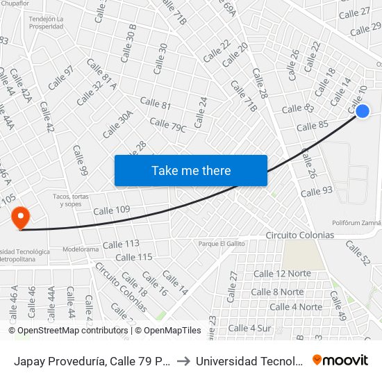 Japay Proveduría, Calle 79 Por 10 Y 85, Morelos Oriente to Universidad Tecnológica Metropolitana map