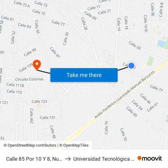 Calle 85 Por 10 Y 8, Nueva Kukulcán to Universidad Tecnológica Metropolitana map