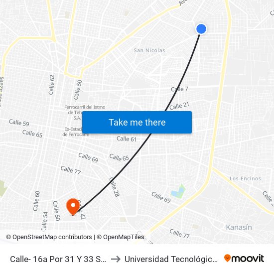 Calle- 16a Por 31 Y 33 San Pedro Cholul to Universidad Tecnológica Metropolitana map