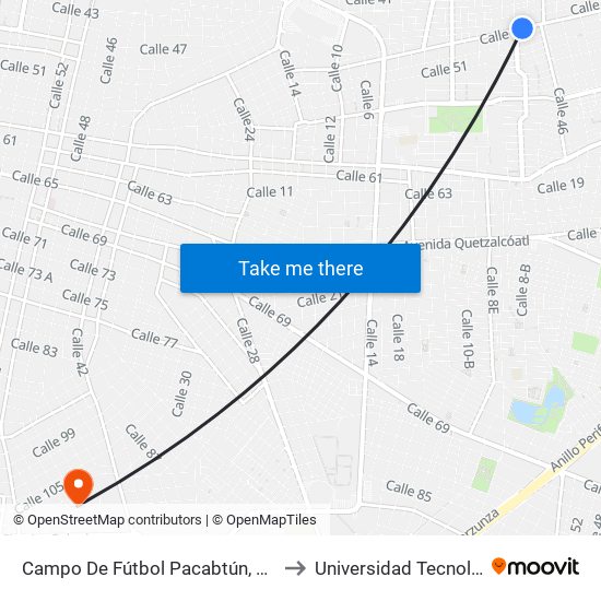 Campo De Fútbol Pacabtún, Calle 21 Por 50 Y 46, Pacabtún to Universidad Tecnológica Metropolitana map