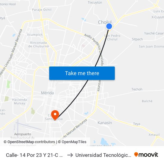 Calle- 14 Por 23 Y 21-C Comisaria, Cholul to Universidad Tecnológica Metropolitana map