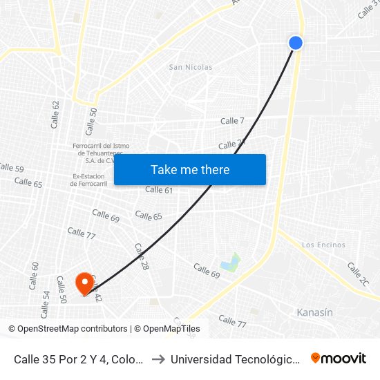 Calle 35 Por 2 Y 4, Colonia Santa María to Universidad Tecnológica Metropolitana map