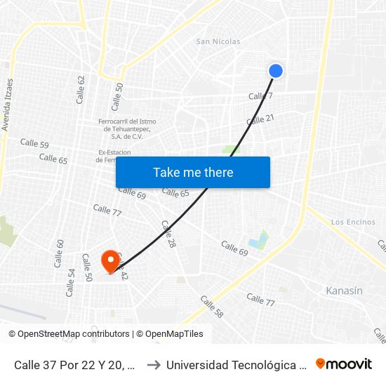 Calle 37 Por 22 Y 20, Polígono 108 to Universidad Tecnológica Metropolitana map