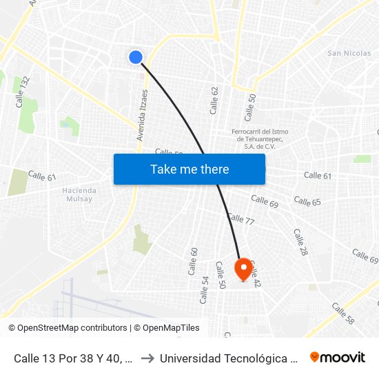 Calle 13 Por 38 Y 40, San Damián to Universidad Tecnológica Metropolitana map