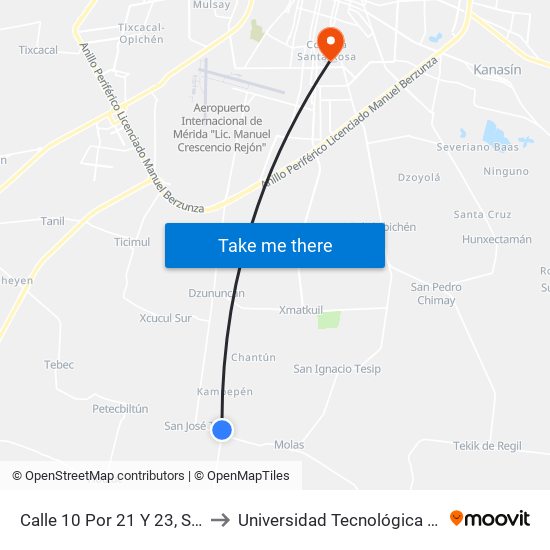 Calle 10 Por 21 Y 23, San José Tzal to Universidad Tecnológica Metropolitana map