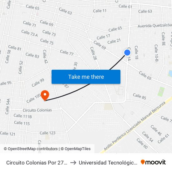 Circuito Colonias Por 27 Y 29, Miraflores to Universidad Tecnológica Metropolitana map