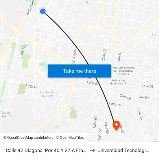 Calle 42 Diagonal Por 40 Y 27 A Fraccionamiento Lindavista to Universidad Tecnológica Metropolitana map