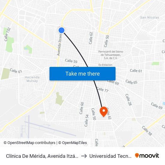 Clínica De Mérida, Avenida Itzáes Por Calle 27 Y 25, García Ginerés to Universidad Tecnológica Metropolitana map