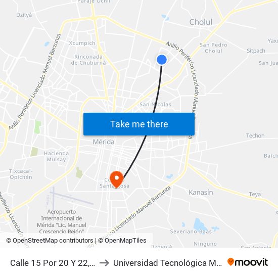 Calle 15 Por 20 Y 22, Altabrisa to Universidad Tecnológica Metropolitana map