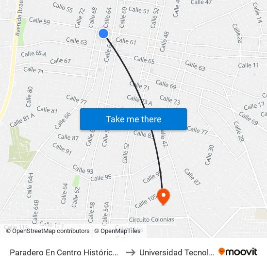 Paradero En Centro Histórico, Calle 64 Por 61 Y 59, Centro to Universidad Tecnológica Metropolitana map