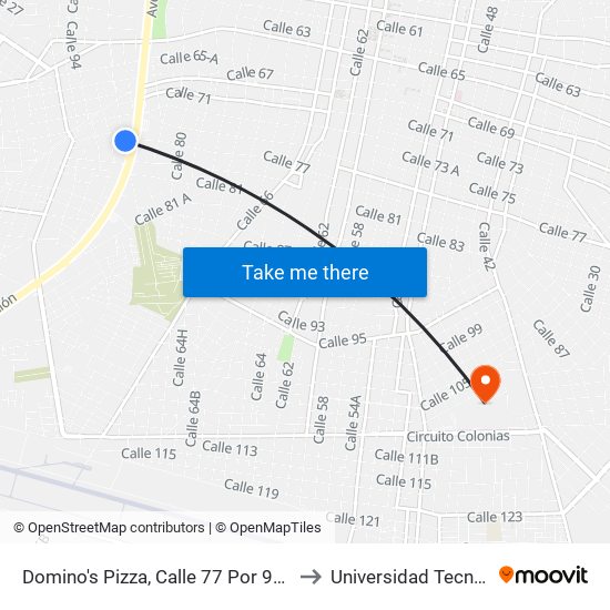 Domino's Pizza, Calle 77 Por 90 Y Avenida Itzáes, Colonia Sambulá to Universidad Tecnológica Metropolitana map