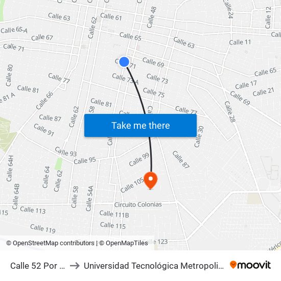 Calle 52 Por 71 to Universidad Tecnológica Metropolitana map