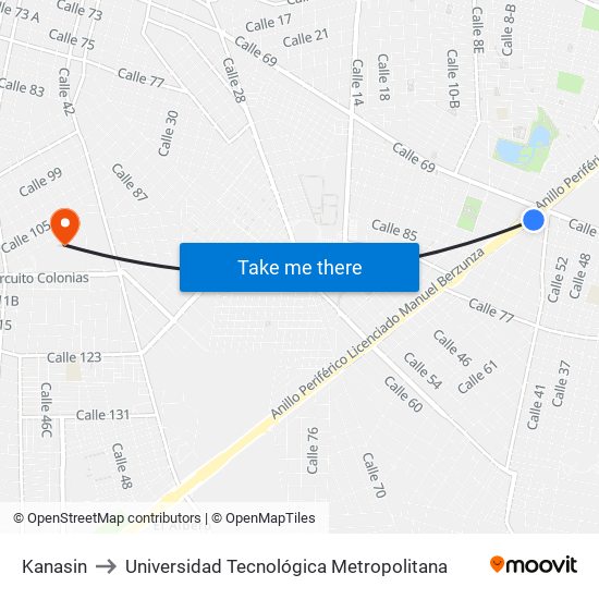 Kanasin to Universidad Tecnológica Metropolitana map