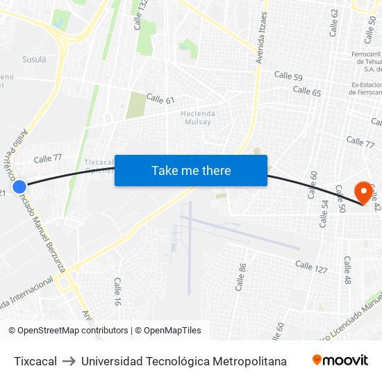 Tixcacal to Universidad Tecnológica Metropolitana map