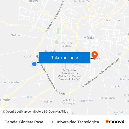 Parada: Glorieta Paseos De Mérida to Universidad Tecnológica Metropolitana map