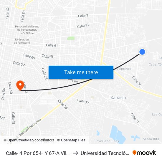 Calle- 4 Por 65-H Y 67-A Villas De Oriente (Kanasín) to Universidad Tecnológica Metropolitana map
